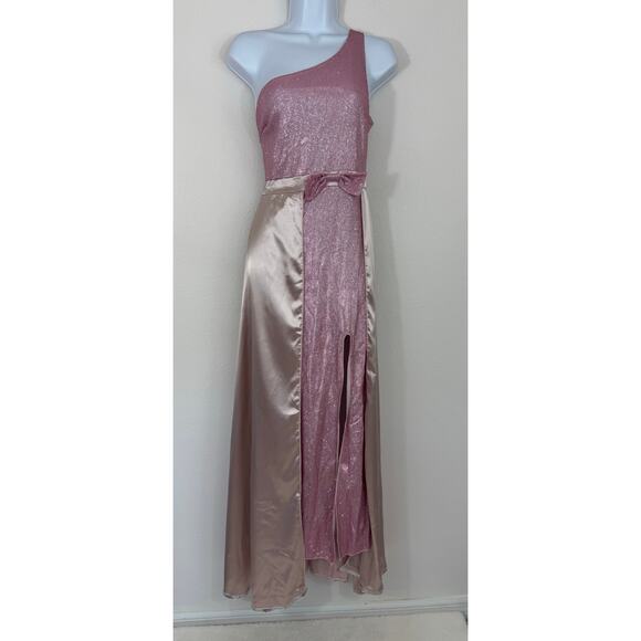 Faeriesty Pink Glitter One-Shoulder Satin Maxi Gown | Size S | New Without Tags - Picture 1 of 8